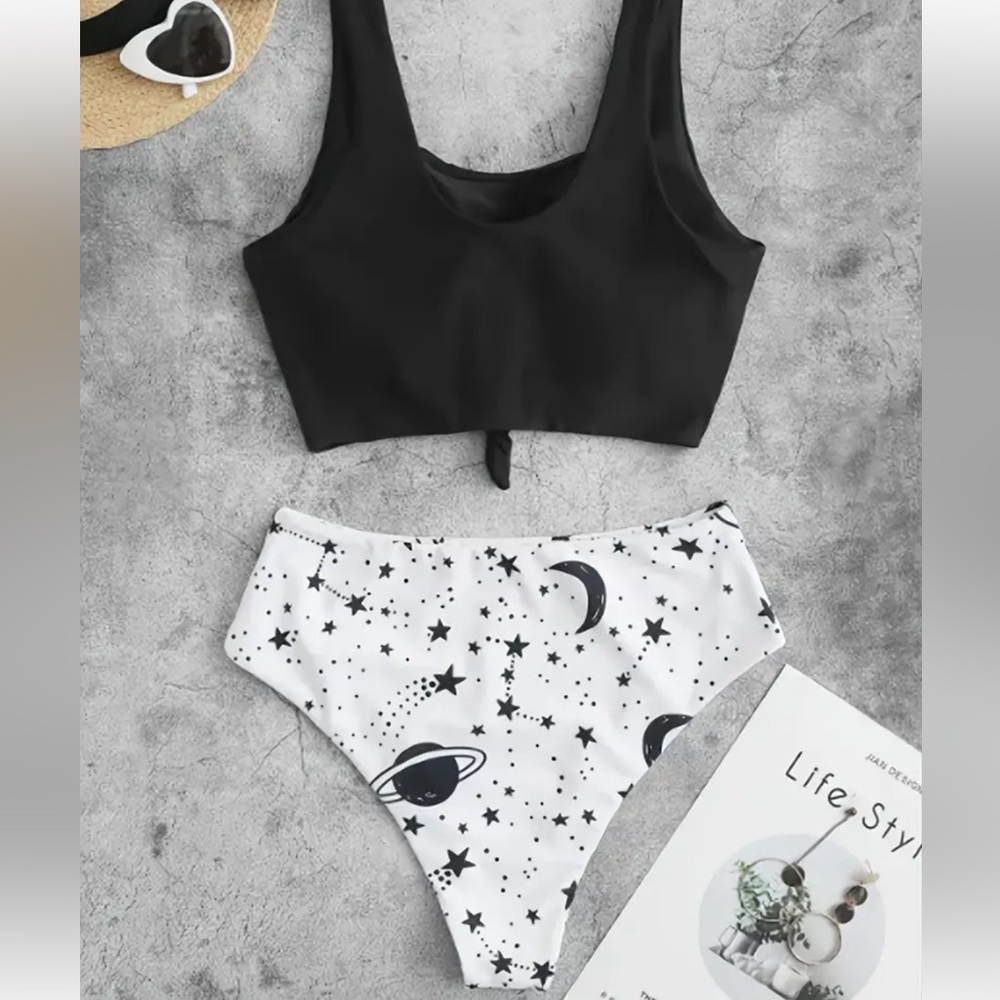 Black and white planets and stars bikini bottoms